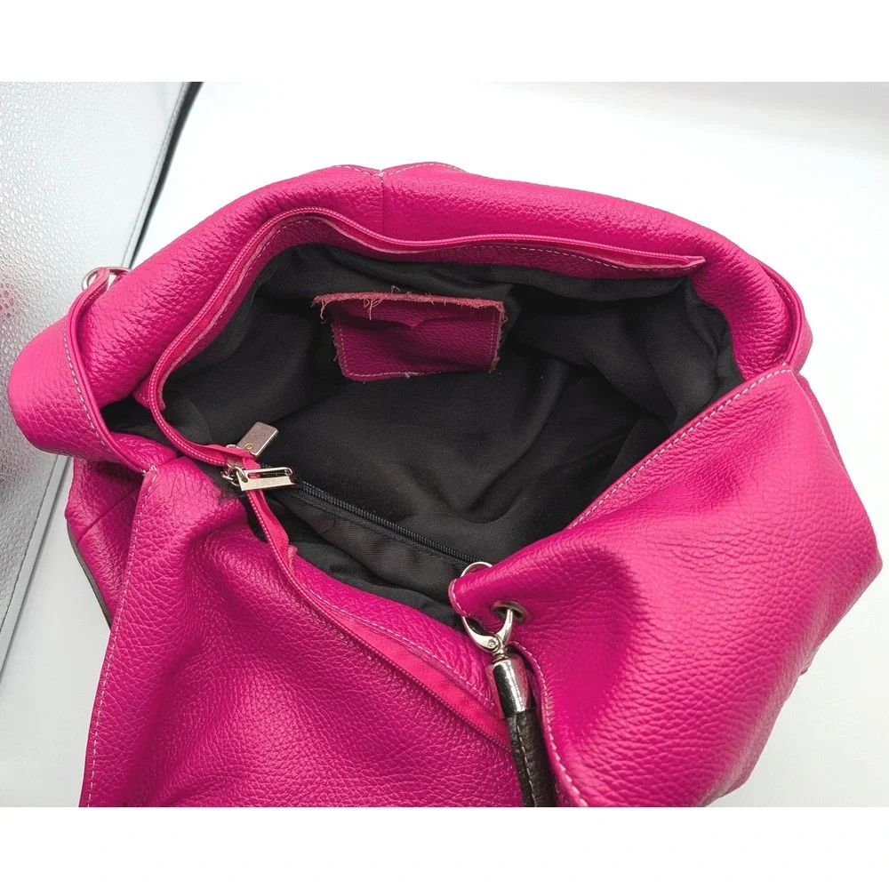 Vera Pelle Italy Pink Leather Hobo Bag Studded Heart Tassel Magenta Brown Accent